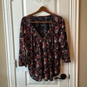 Lucky Brand Floral V Neck Top XL fall boho bohemian winter dark